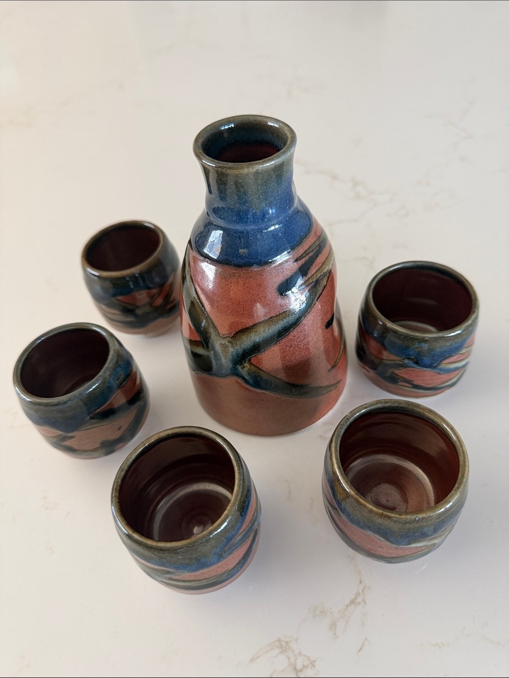 New Beautiful Handmade Ceramic Sake Set in Blue and Coral